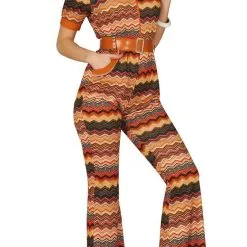 Typisch Jaren 70 Jumpsuit Geel Gestreept Vrouw Kostuum