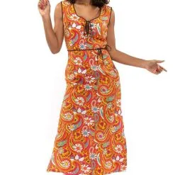 Oranje Lang Jaren 70 En 60 Hippie Bloemen Soul Disco Pretty Paisley Vrouw Kostuum