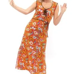 Oranje Lang Jaren 70 En 60 Hippie Bloemen Soul Disco Pretty Paisley Vrouw Kostuum -80s Kleding Winkel orep 2019 6062012orp d 6 39