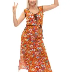 Oranje Lang Jaren 70 En 60 Hippie Bloemen Soul Disco Pretty Paisley Vrouw Kostuum -80s Kleding Winkel orep 2019 6062012orp d 7 39