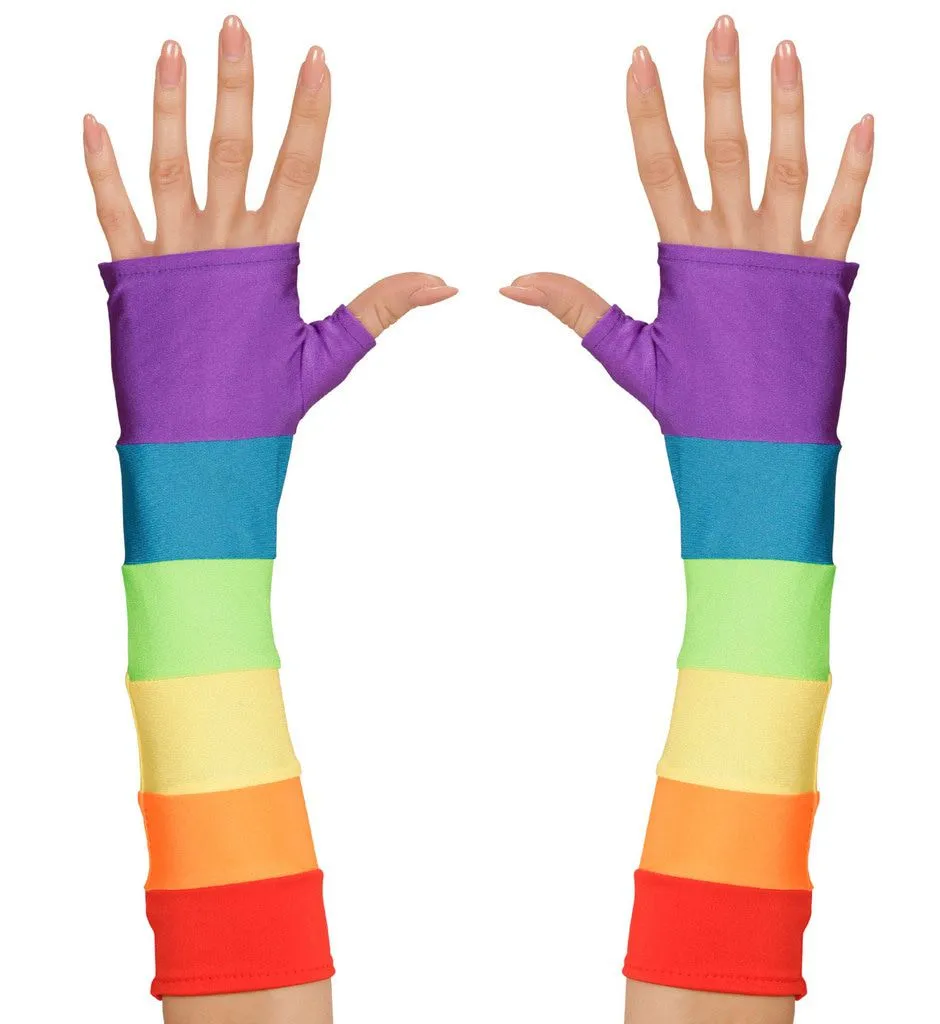 Tachtiger Jaren Vingerloze Handschoenen Satijn, Regenboog Kleuren 3 Tachtiger Jaren Vingerloze Handschoenen Satijn, Regenboog Kleuren