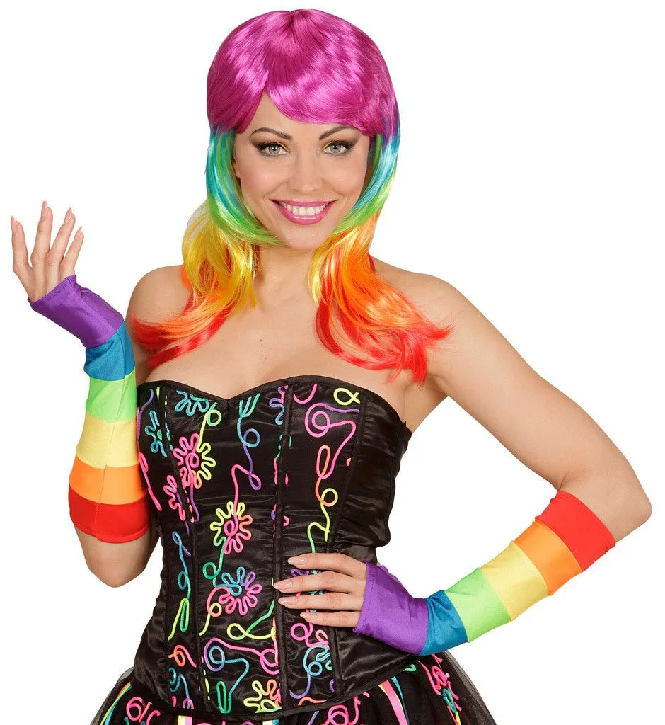 Tachtiger Jaren Vingerloze Handschoenen Satijn, Regenboog Kleuren 4 Tachtiger Jaren Vingerloze Handschoenen Satijn, Regenboog Kleuren - Afbeelding 2