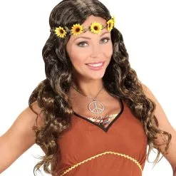 Curly Carla Pruik Hippie Bruin Met Zonnebloem Hoofdband