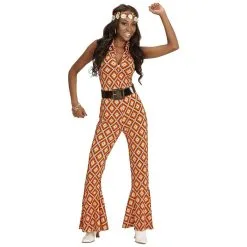 Oranje Hippie Groovy Geralda 70s Dames Jumpsuit, Ruit Vrouw Kostuum -80s Kleding Winkel wdm 2017 0890 2 17