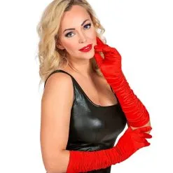 Rode Verleidelijke Satijnen Handschoenen Plisse 44 Centimeter